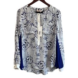 Rebecca Taylor Blue Floral 100% Silk Blouse - Size 6